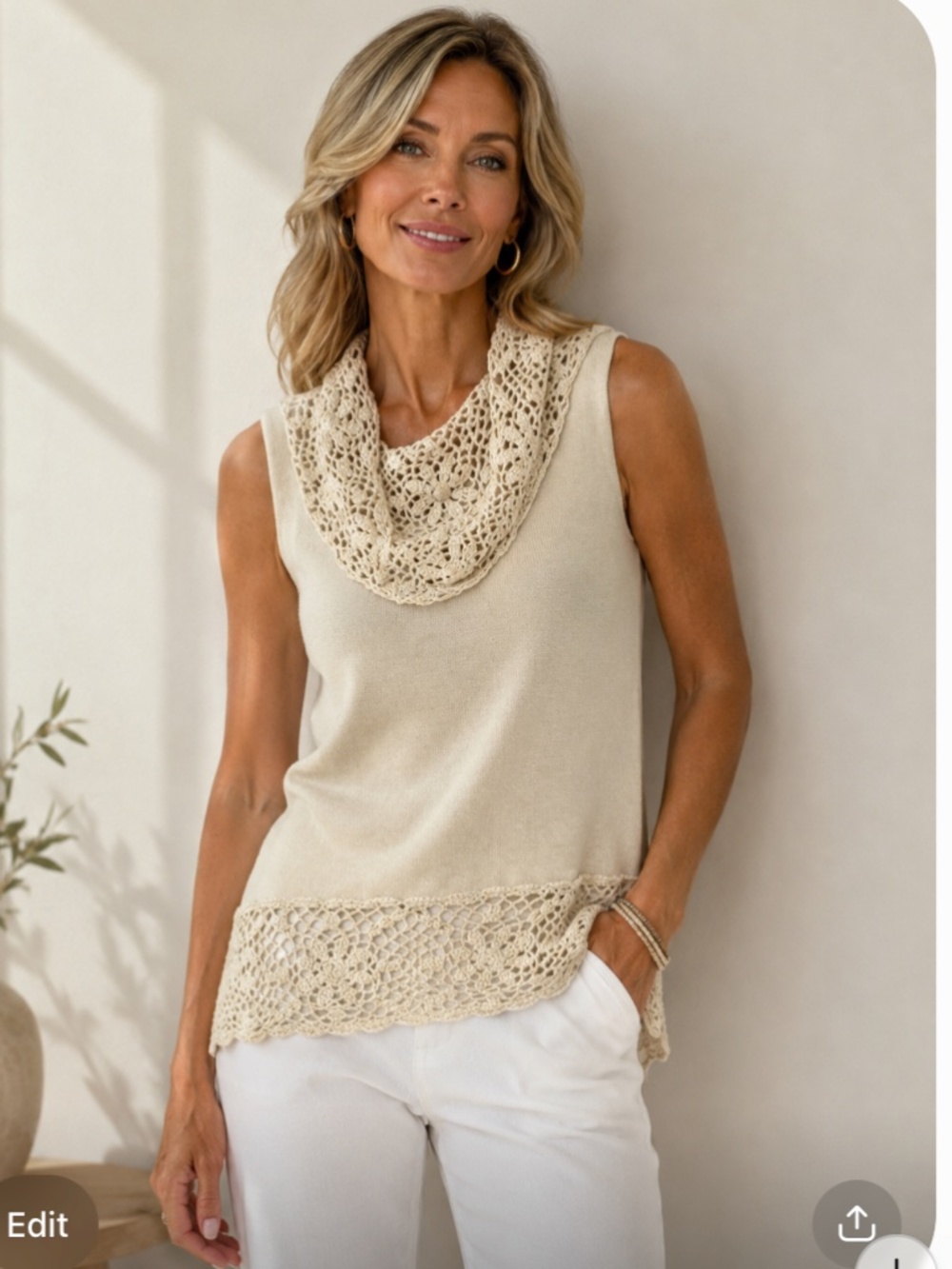 Cream Crochet Trim Sleeveless Top